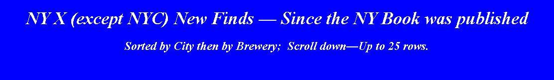 Text Box: NY X (except NYC) New Finds  Since the NY Book was published Sorted by City then by Brewery;  Scroll downUp to 25 rows.