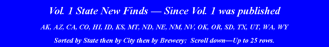 Text Box: Vol. 1 State New Finds  Since Vol. 1 was published AK, AZ, CA, CO, HI, ID, KS, MT, ND, NE, NM, NV, OK, OR, SD, TX, UT, WA, WYSorted by State then by City then by Brewery;  Scroll downUp to 25 rows.
